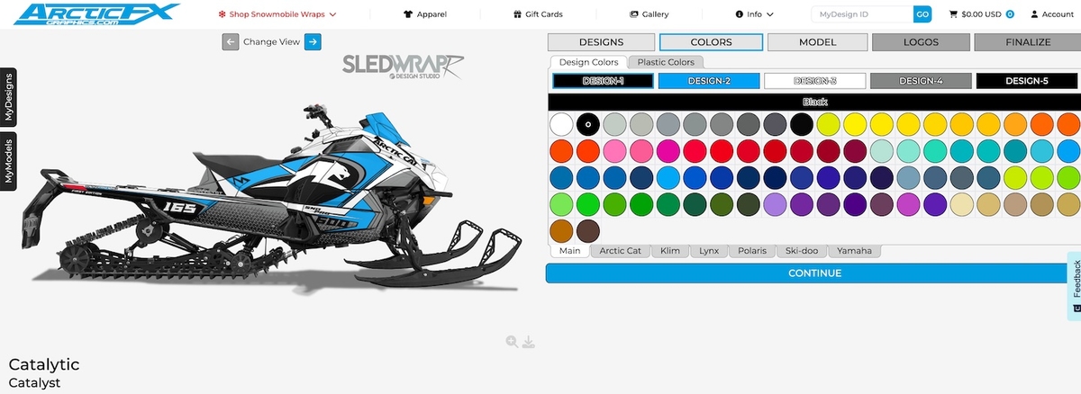 Screenshot of the SledWrapR Design Studio, where colors for your snowmobile wrap can be edited