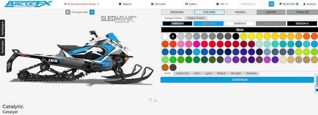 Screenshot of the SledWrapR Design Studio, where colors for your snowmobile wrap can be edited